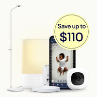 Smart home devices including a Sound + Light, phone, and Pro Baby Monitor + Floor Stand, and Flex Stand on a white background with "save up to $110" dotwhack