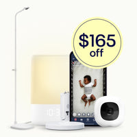 Smart home devices including a Sound + Light, phone, and Pro Baby Monitor + Floor Stand, and Flex Stand on a white background with "save up to $165" dotwhack