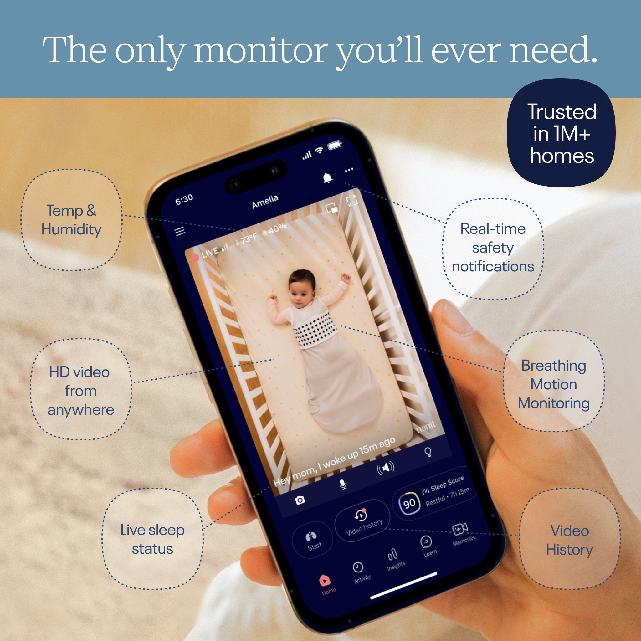 Smart monitor app on a phone with features listed, held by a hand. 