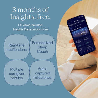 Person holding a smartphone with an app displaying sleep data, against a blue background with text about app features.