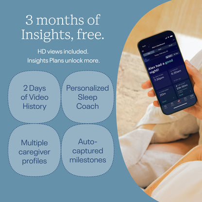 Person holding a smartphone with an app displaying sleep data, against a blue background with text about app features.