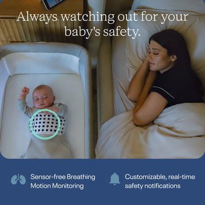 Baby in a crib with a monitor displaying breathing data, next to a woman lying on a bed.