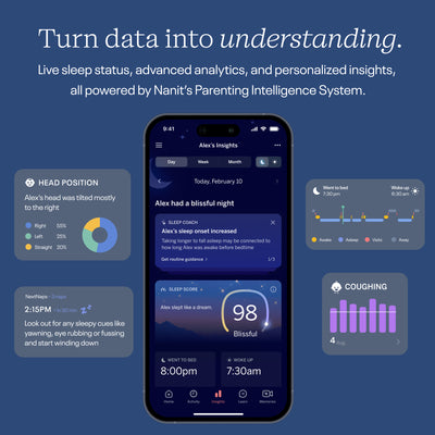 Smartphone displaying sleep tracking app with analytics on a blue background