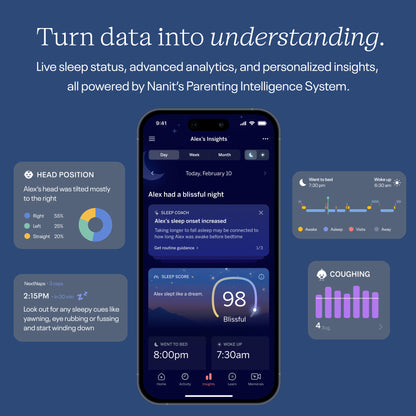 Smartphone displaying sleep tracking app with analytics on a blue background