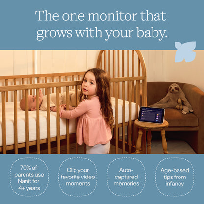 Child looking into a crib with a monitor displaying baby's video, surrounded by wooden furniture and a brown chair.