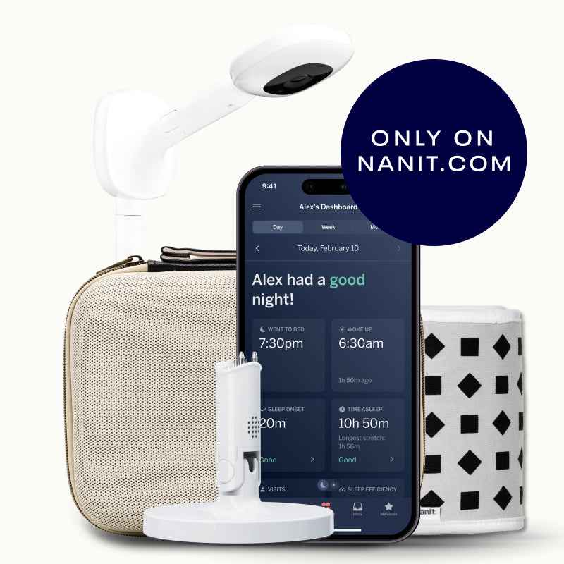 nanit pro camera wall mount, two tone canvas travel case, gray breathing band, flex stand, and nanit app #mount_wall mount #color_two tone canvas