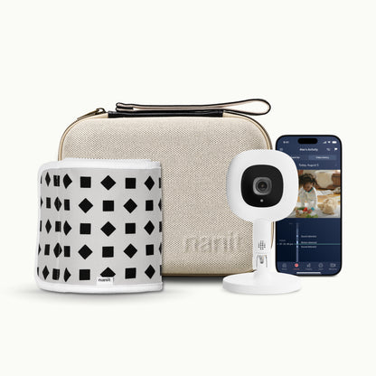 nanit two tone canvas travel case, phone showing nanit app, Nanit Pro Camera + Flex Stand, Breathing Band 
