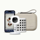 nanit two tone canvas travel case, phone showing nanit app, Nanit Pro Camera + Flex Stand, Breathing Band #color_two tone canvas