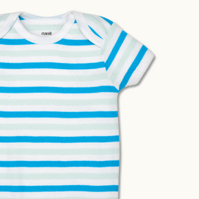 zoomed in on expandable lap shoulder neckline for easy on/off on short sleeve bodysuit tropical blue stripe #color_tropical blue stripe
