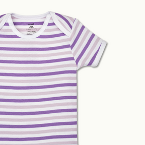 zoomed in on expandable lap shoulder neckline for easy on/off on short sleeve bodysuit violet stripe #color_violet stripe