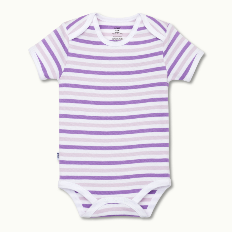 front view of short sleeve bodysuit in violet stripe #color_violet stripe