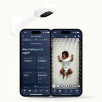 pro baby monitor + wall mount with two phones showing nanit app of dashboard and live screen #mount_wall mount