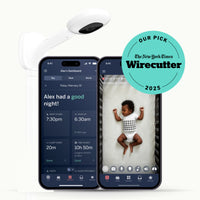 pro baby monitor + wall mount with two phones showing nanit app of dashboard and live screen with wirecutter our pick 2025 badge #mount_wall mount