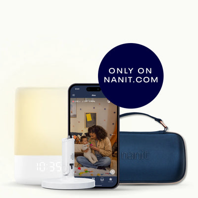 flex stand, nanit sound + light, nanit app, sound + light travel case in blue oxford 