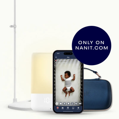 floor stand, nanit sound + light, nanit app, sound + light travel case in blue oxford 