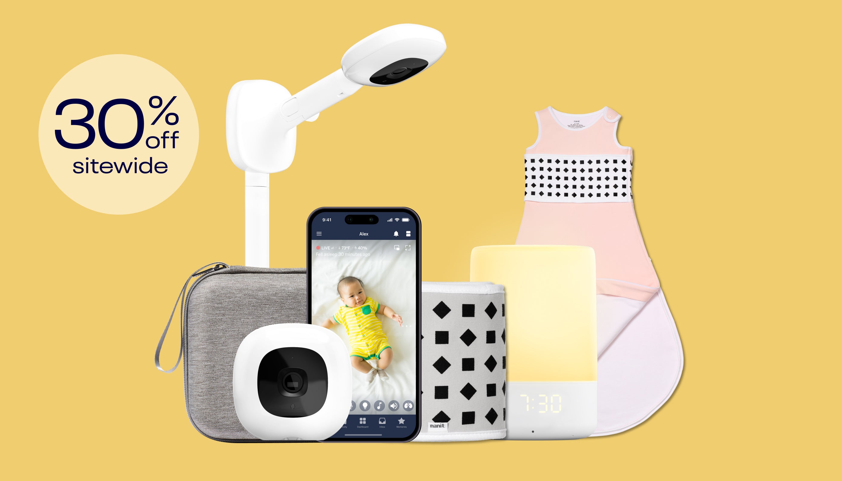 Baby monitor, phone, and other products on a yellow background with a 30% off sitewide label.