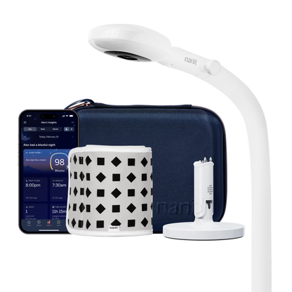Image of nanit pro camera floor stand, blue travel case, gray breathing band, flex stand, and nanit app showing dashboard 