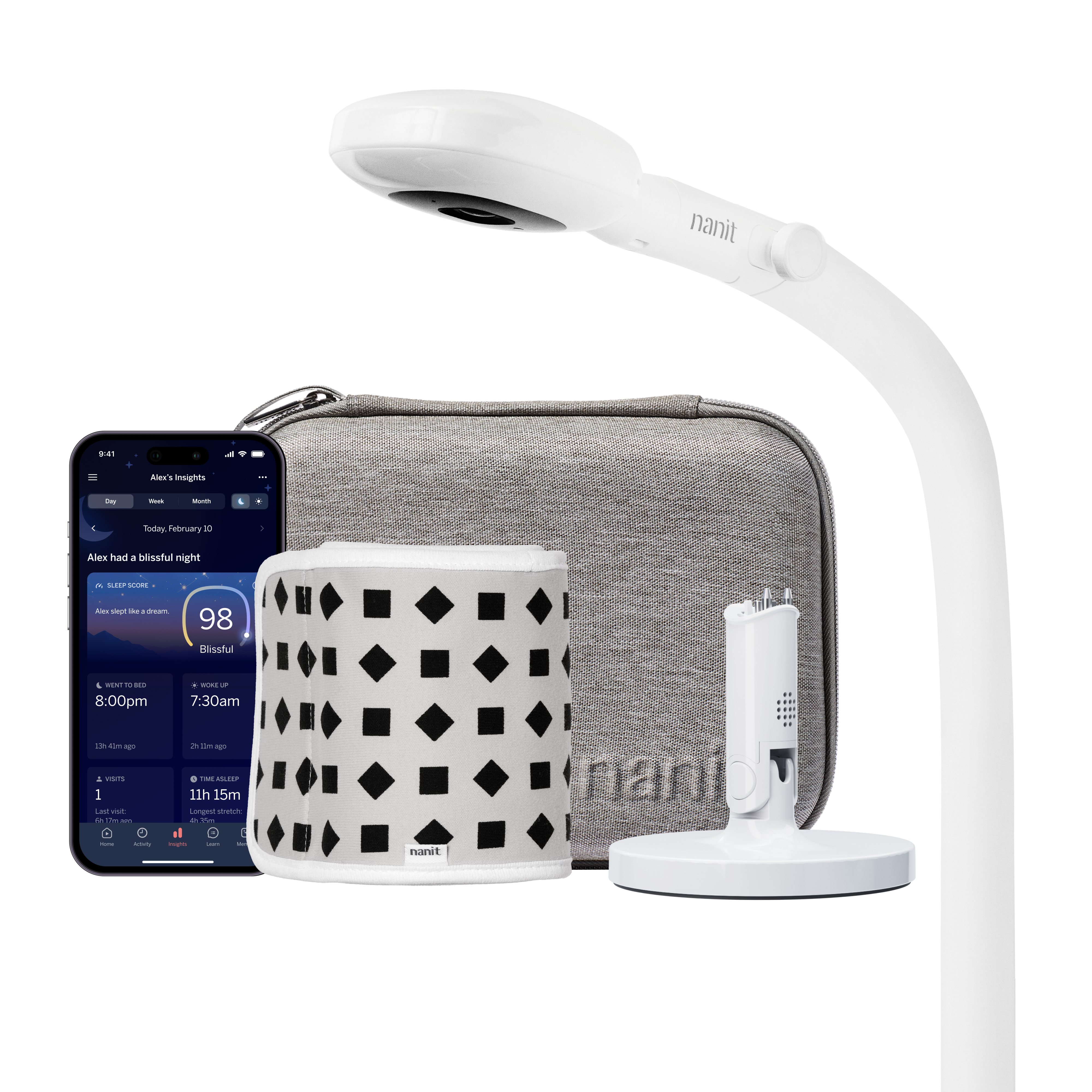 Image of nanit pro camera floor stand, gray travel case, gray breathing band, flex stand, and nanit app showing dashboard 