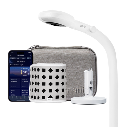 Image of nanit pro camera floor stand, gray travel case, gray breathing band, flex stand, and nanit app showing dashboard 