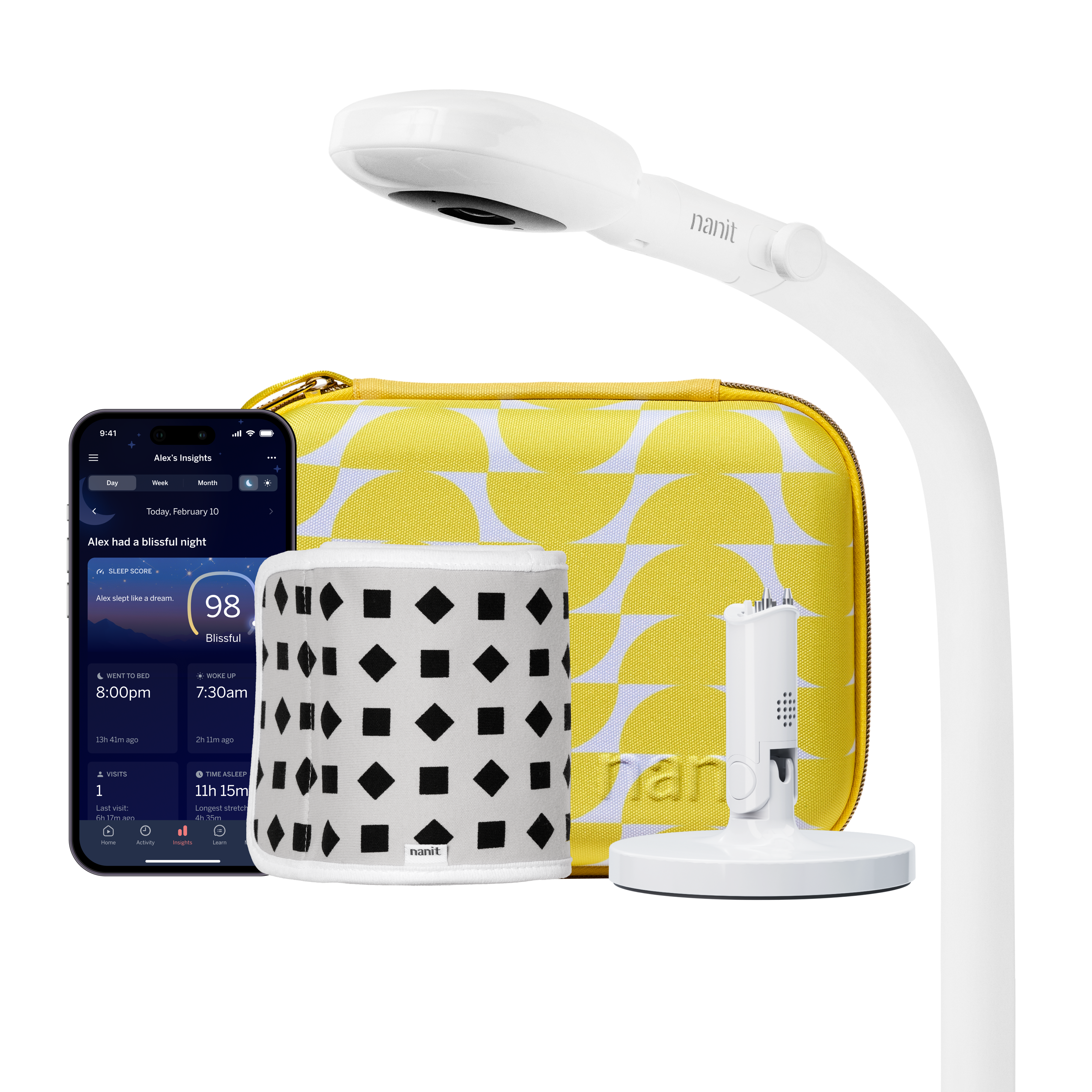 nanit pro camera floor stand, yellow travel case, gray breathing band, flex stand, and nanit app showing dashboard 