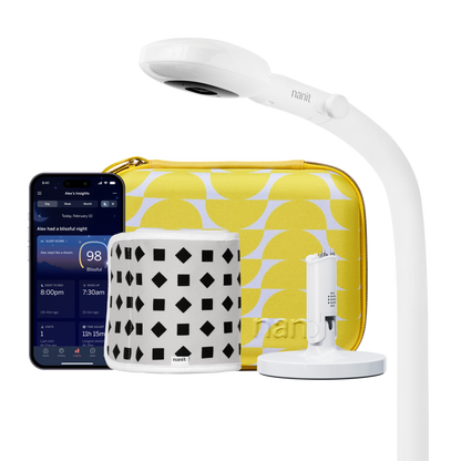 nanit pro camera floor stand, yellow travel case, gray breathing band, flex stand, and nanit app showing dashboard 
