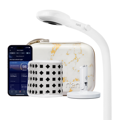 nanit pro camera floor stand, marble travel case, gray breathing band, flex stand, and nanit app showing dashboard 