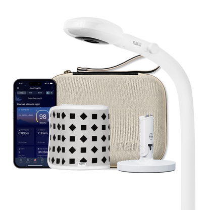 nanit pro camera floor stand, two tone canvas travel case, gray breathing band, flex stand, and nanit app showing dashboard 