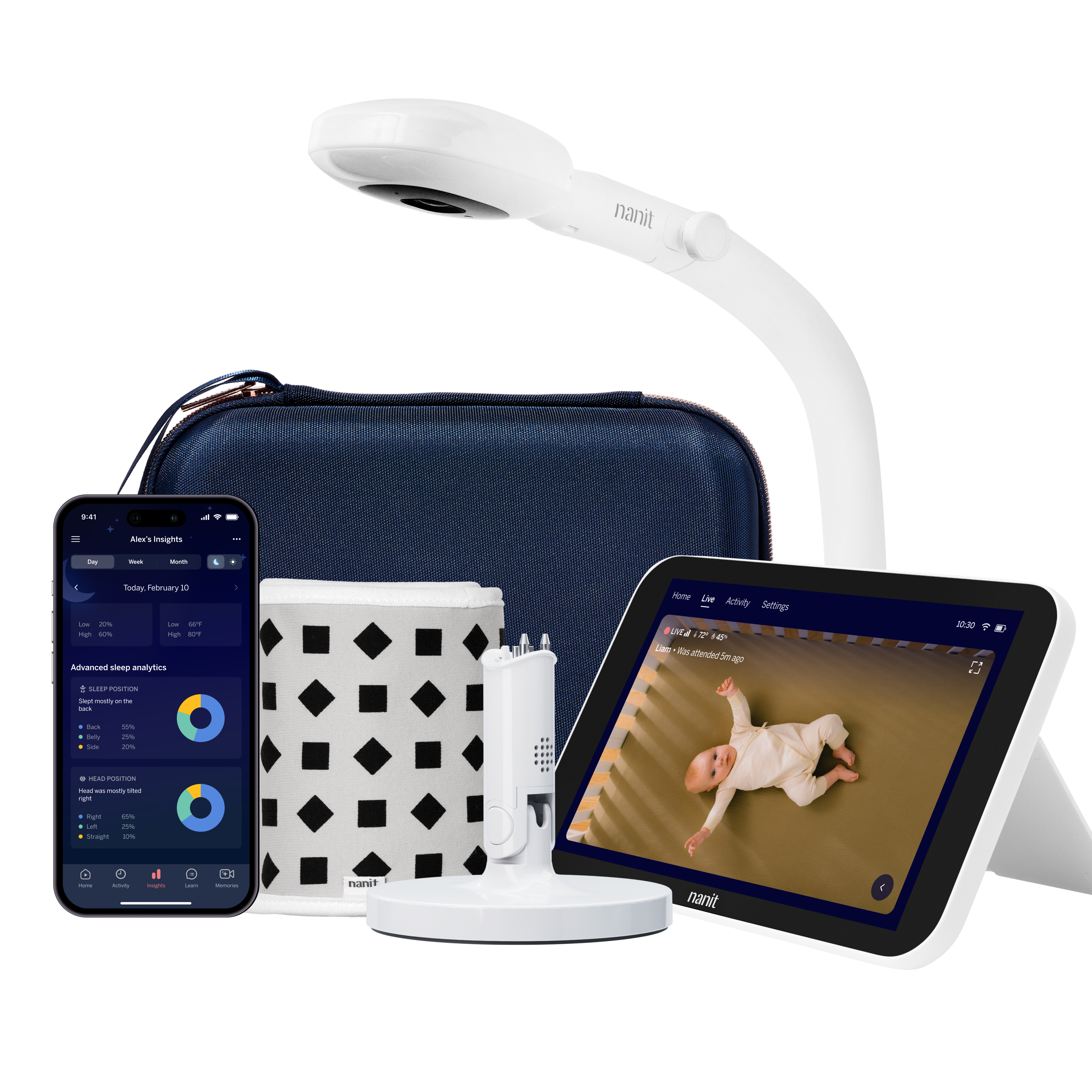 nanit camera floor stand, blue travel case, gray breathing band, flex stand, home display, and nanit app #mount_floor stand #color_blue #complete your setup_Camera + 8" Display 