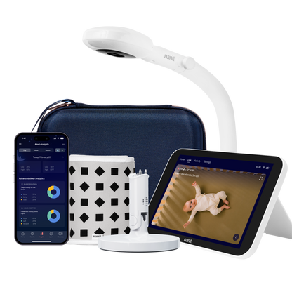nanit camera floor stand, blue travel case, gray breathing band, flex stand, home display, and nanit app 