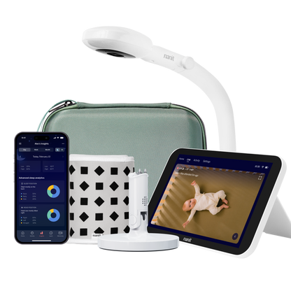 nanit camera floor stand, green travel case, gray breathing band, flex stand, home display, and nanit app 