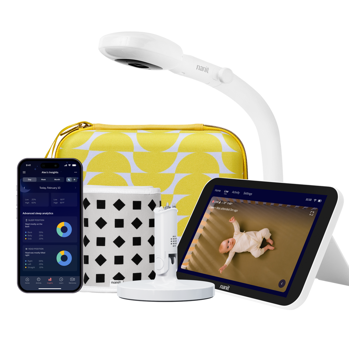 nanit camera floor stand, half moon travel case, gray breathing band, flex stand, home display, and nanit app 