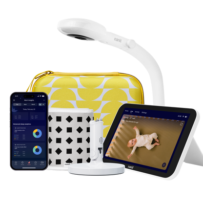 nanit camera floor stand, half moon travel case, gray breathing band, flex stand, home display, and nanit app 