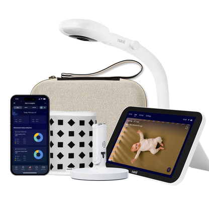 nanit camera floor stand, two-toned canvas travel case, gray breathing band, flex stand, home display, and nanit app 