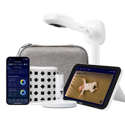 nanit camera wall mount, gray travel case, gray breathing band, flex stand, home display, and nanit app 