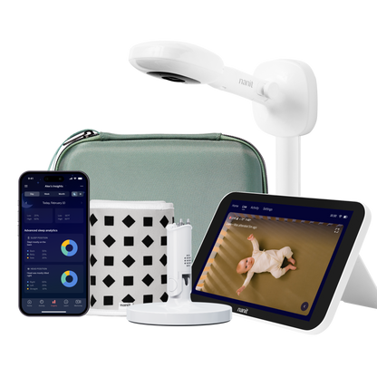 nanit camera wall mount, green travel case, gray breathing band, flex stand, home display, and nanit app 
