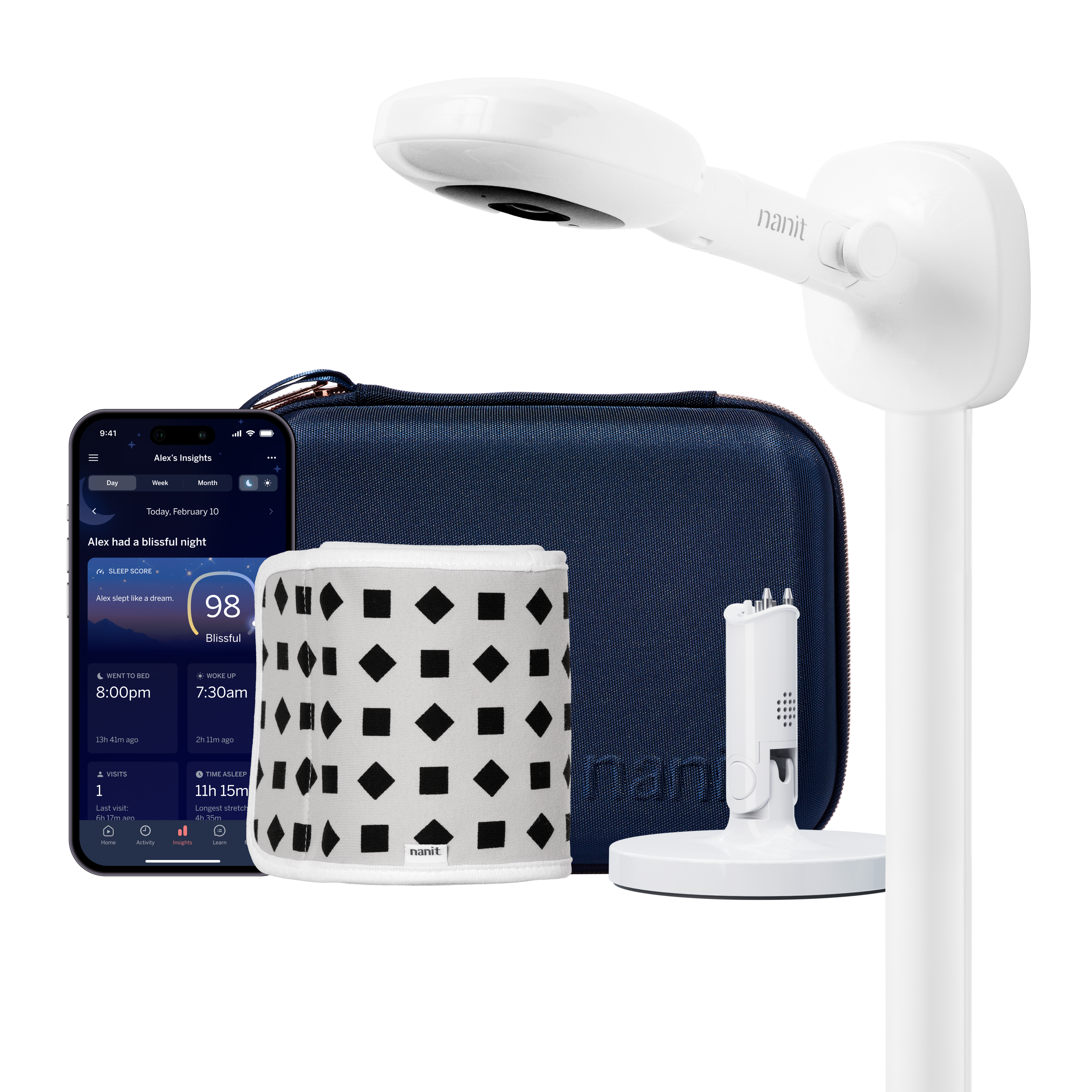 nanit pro camera wall mount, blue travel case, gray breathing band, flex stand, and nanit app 