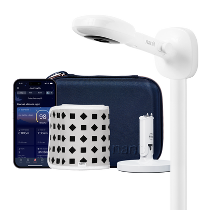 nanit pro camera wall mount, blue travel case, gray breathing band, flex stand, and nanit app 
