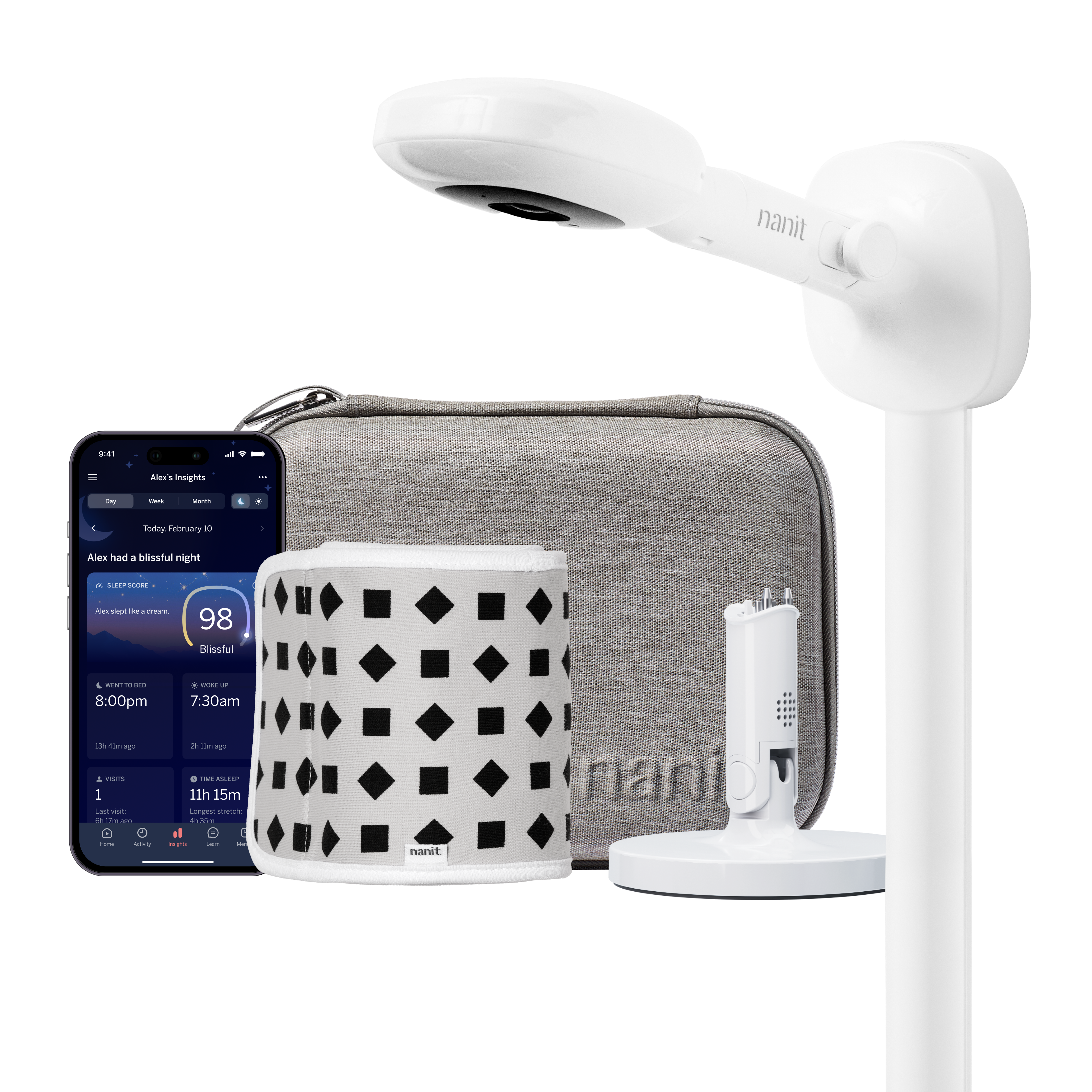 nanit pro camera wall mount, gray travel case, gray breathing band, flex stand, and nanit app 