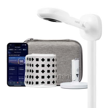 nanit pro camera wall mount, gray travel case, gray breathing band, flex stand, and nanit app 