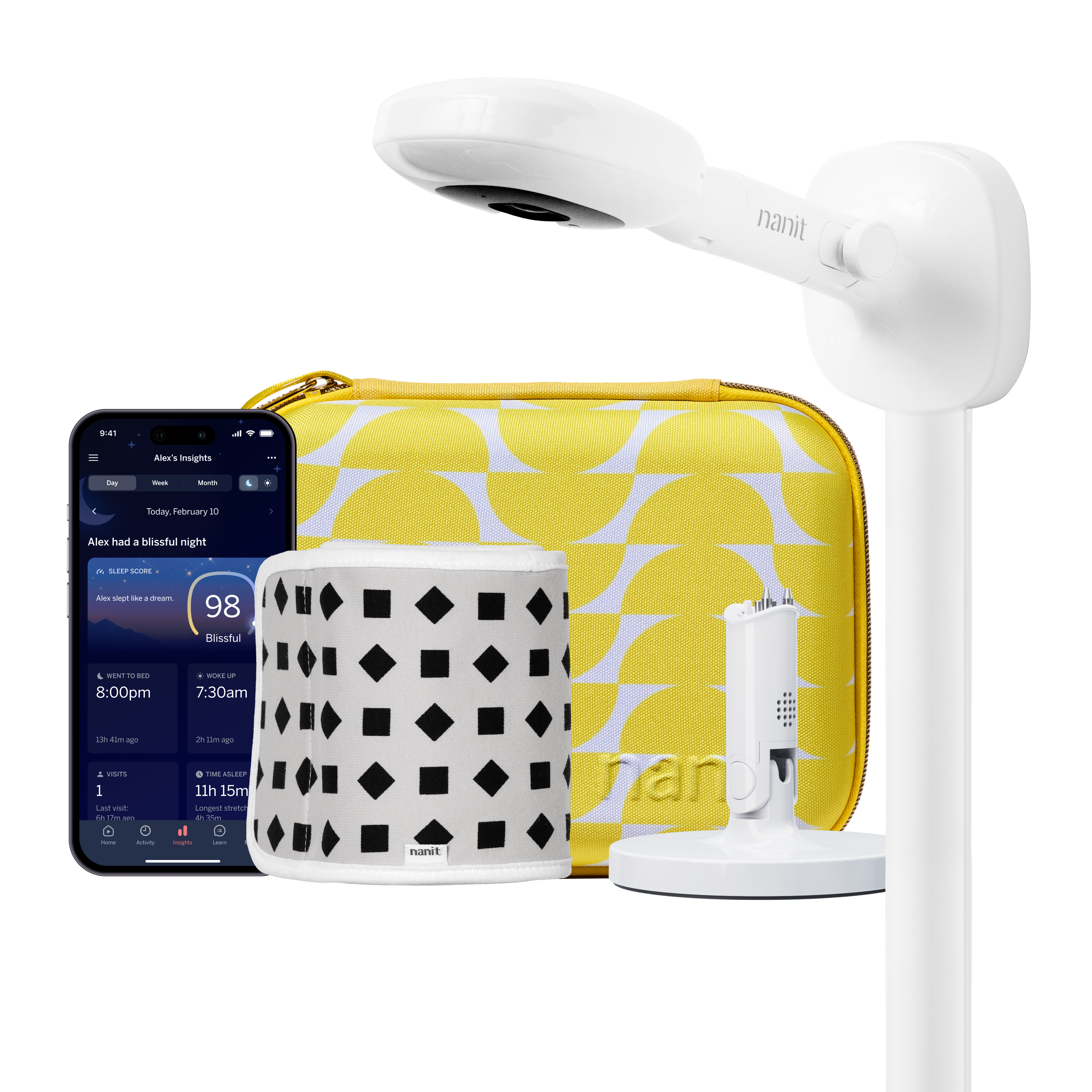 nanit pro camera wall mount, yellow travel case, gray breathing band, flex stand, and nanit app 
