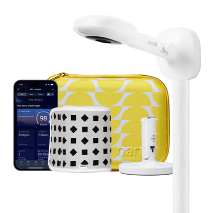 nanit pro camera wall mount, yellow travel case, gray breathing band, flex stand, and nanit app 