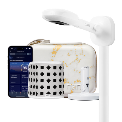nanit pro camera wall mount, marble travel case, gray breathing band, flex stand, and nanit app 