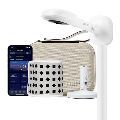 nanit pro camera wall mount, two tone canvas travel case, gray breathing band, flex stand, and nanit app 