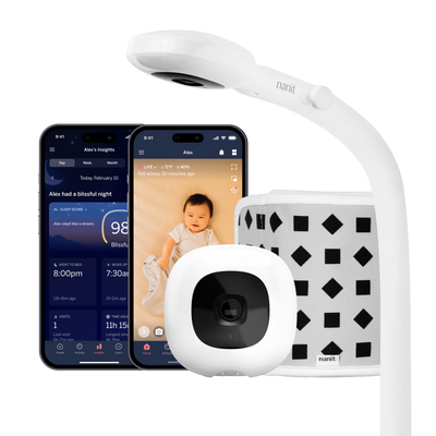 pro baby monitor + floor stand with two phones showing nanit app of dashboard and live screen and breathing band behind smartphone 