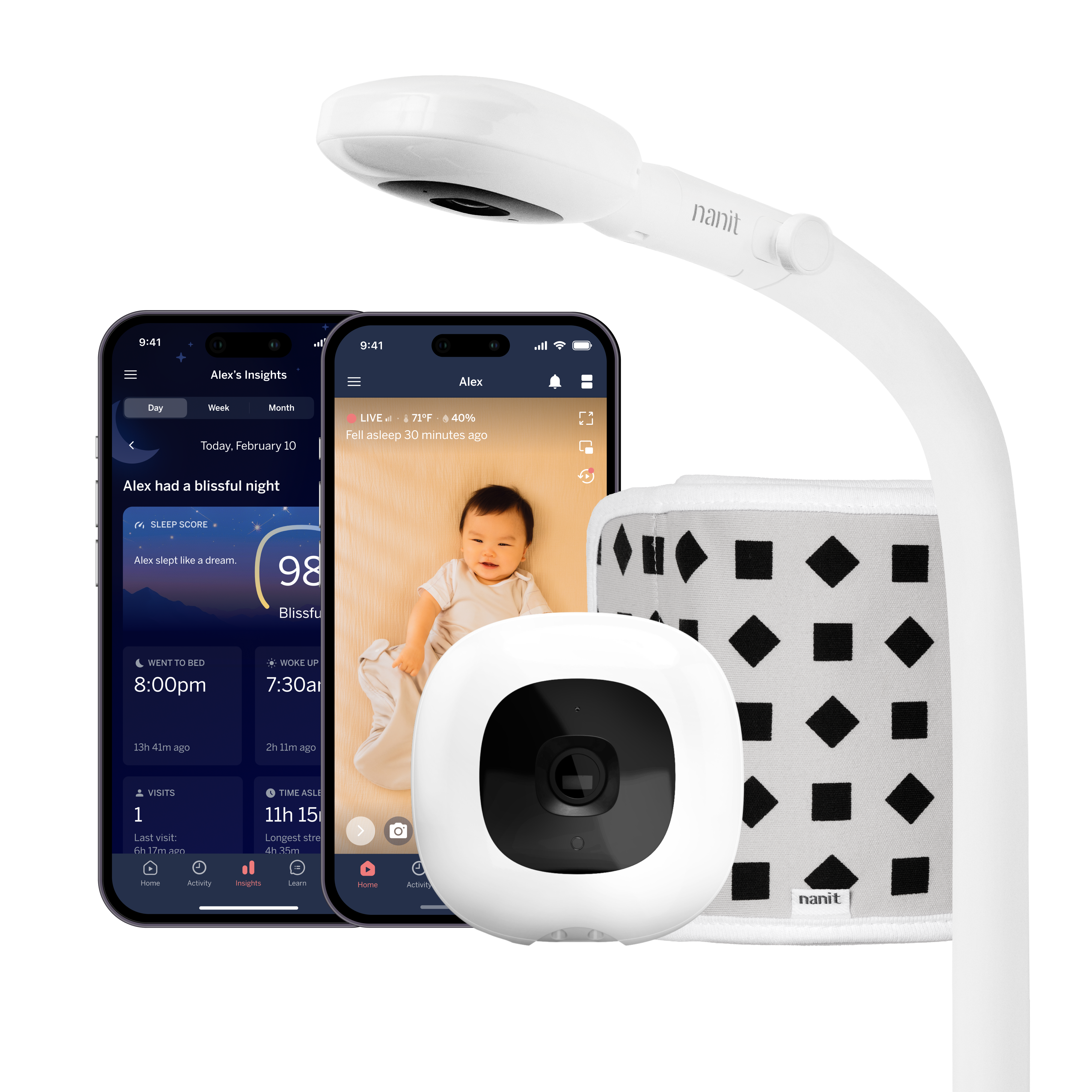 pro baby monitor + floor stand with two phones showing nanit app of dashboard and live screen and breathing band behind smartphone #mount_floor stand #complete your setup_camera only