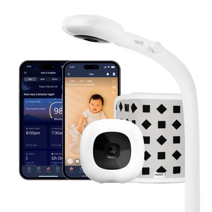 pro baby monitor + floor stand with two phones showing nanit app of dashboard and live screen and breathing band behind smartphone 
