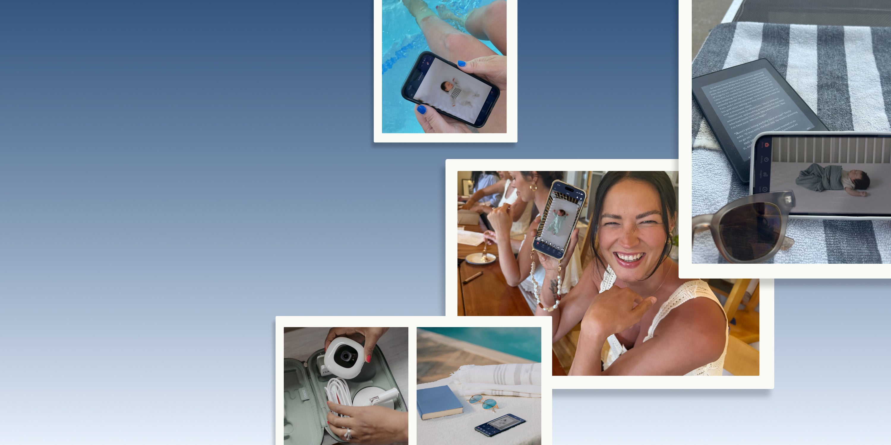 Collage of a woman using a smartphone with various scenes around her.