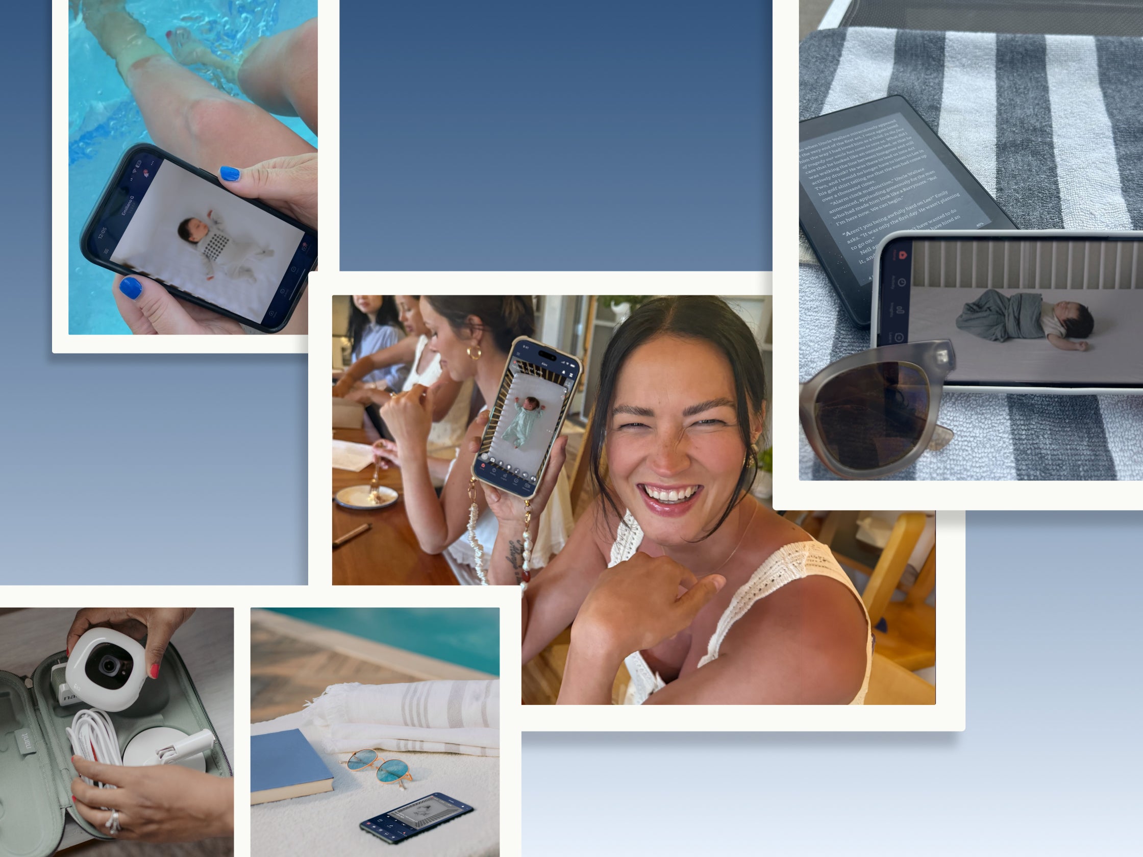 Collage of various scenes including a person using a phone, a woman smiling, and a product on a towel.