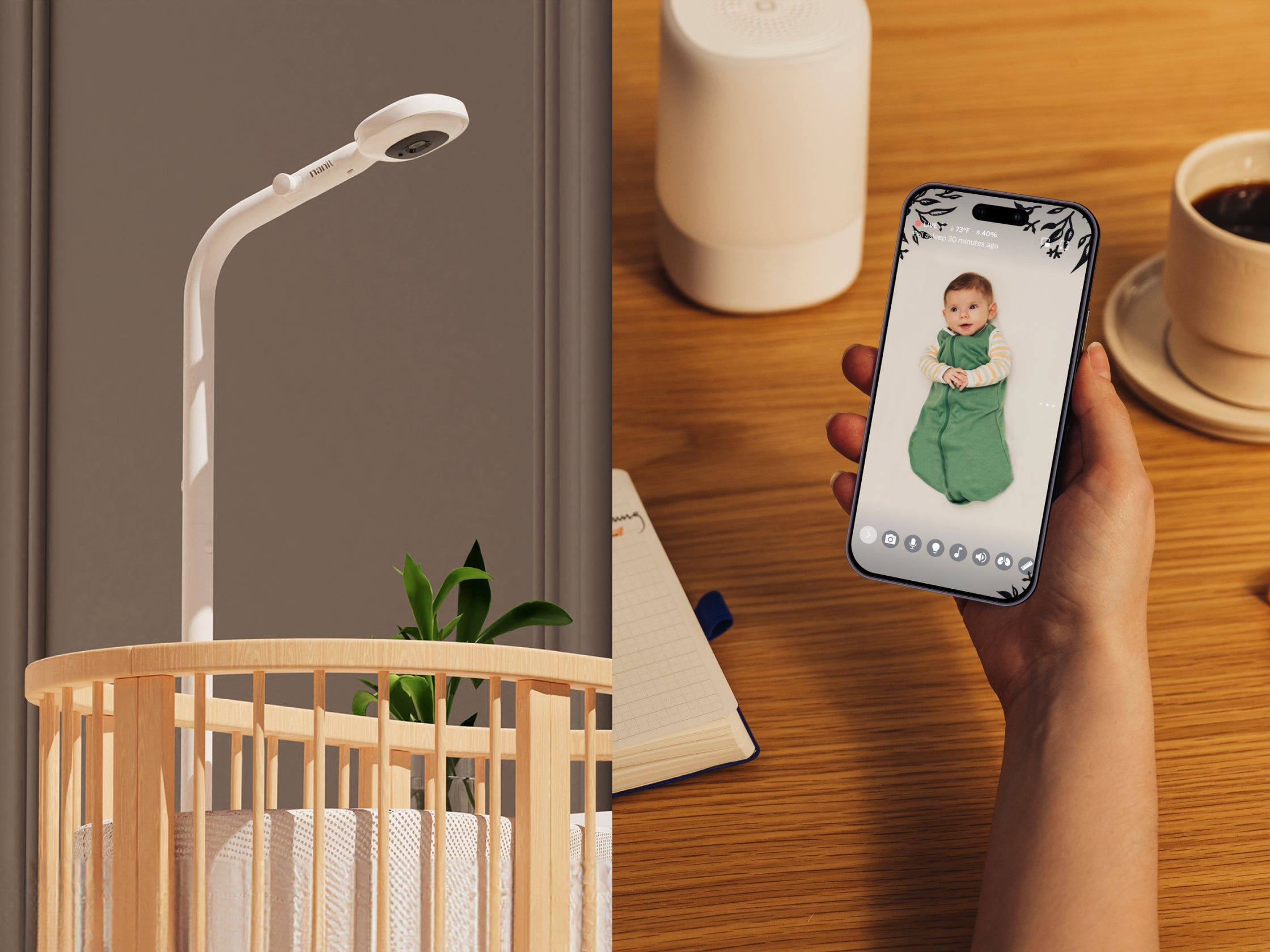 A split image. On the left, Nanit Pro Baby Monitor + Floor Stand is positioned above a light wood crib with white bedding. On the right, a hand holds a smartphone displaying a baby in Nanit Sleep Wear Sleeping Bag. In the background, Nanit Sound + Light Machine, and a cup of coffee are visible on a wooden table.