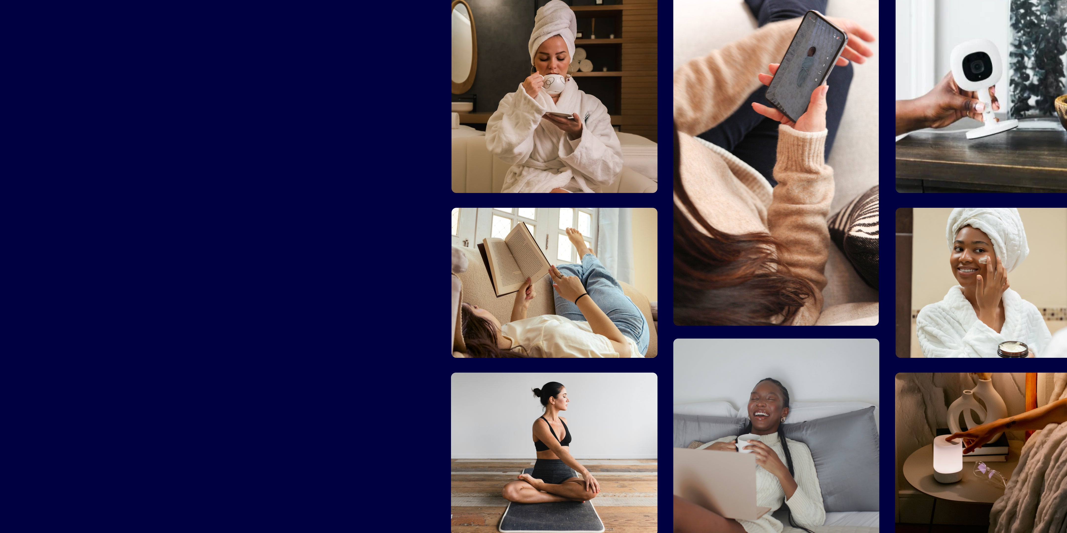 a grid of nine lifestyle images depicts people relaxing, working, and engaging in self-care activities at home.